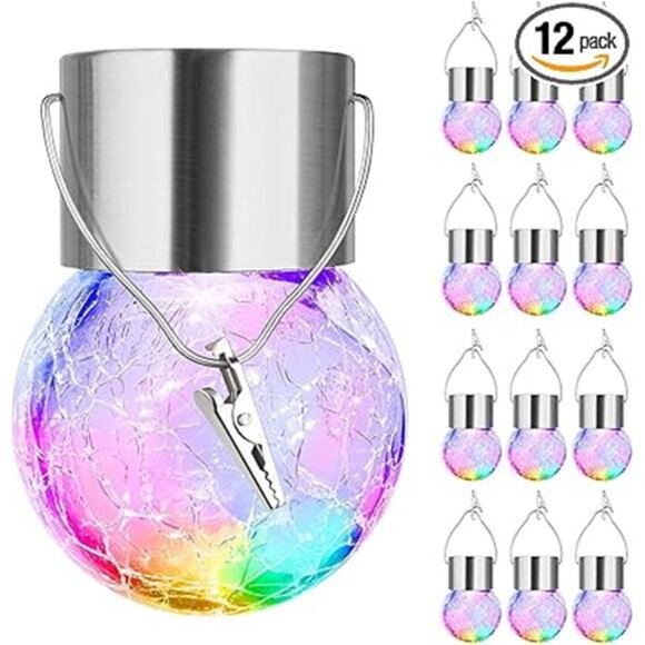 12-Pack Hanging Solar Lights, Decorative Cracked Glass Ball Light, Multicolor - Picture 6 of 6